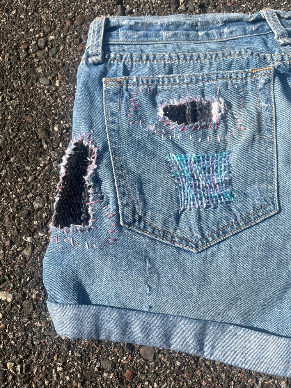 OOAK reworked Distressed Light Blue Denim Women's Shorts with Patchwork - Picture 6 of 7